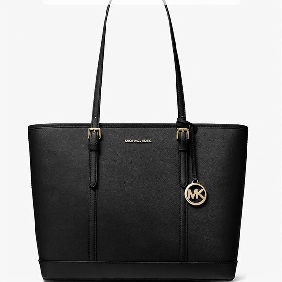 Michael Kors Jet Set Travel Large Saffiano Black Leather Tote Bag Womens New - Picture 1 of 13